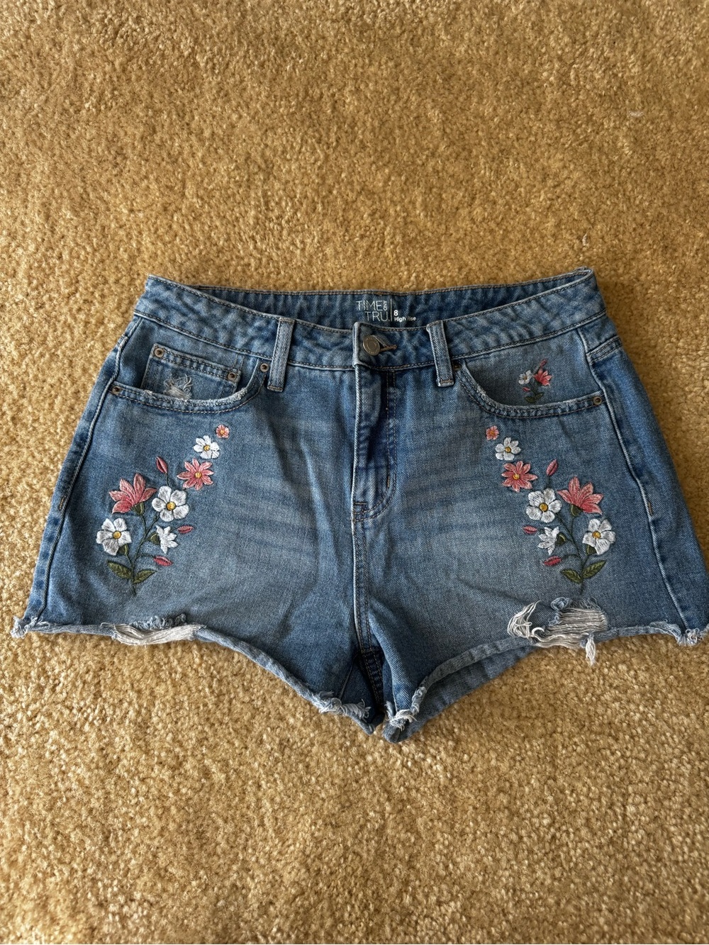 Time and Tru Blue Denim Shorts with Floral Embroidery